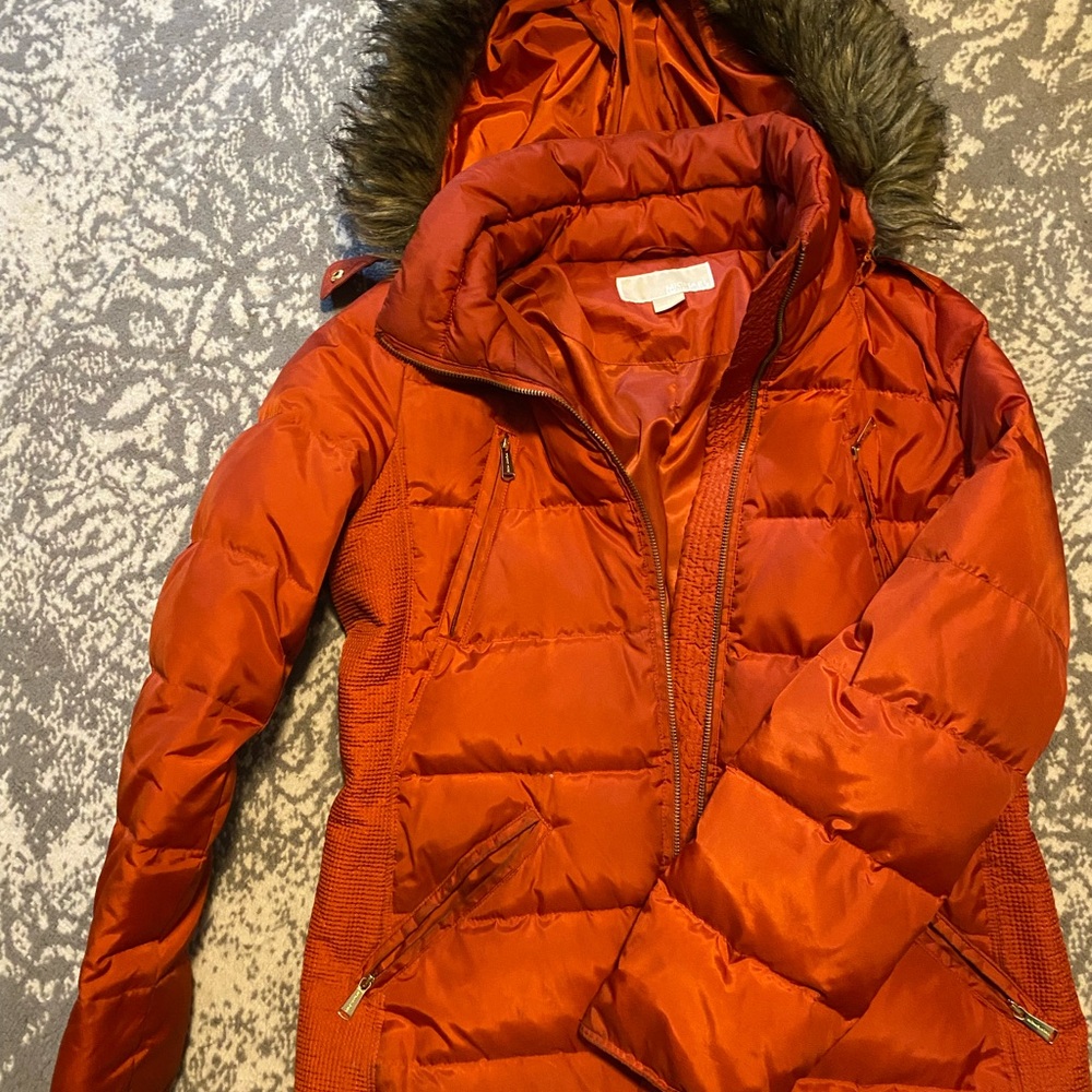 Michael Kors Burnt Orange Puffer Jacket with Faux Fur Hood
